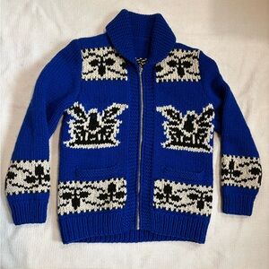 Hand Knit Wool Cowichan Style Sweater Coat Blue and White